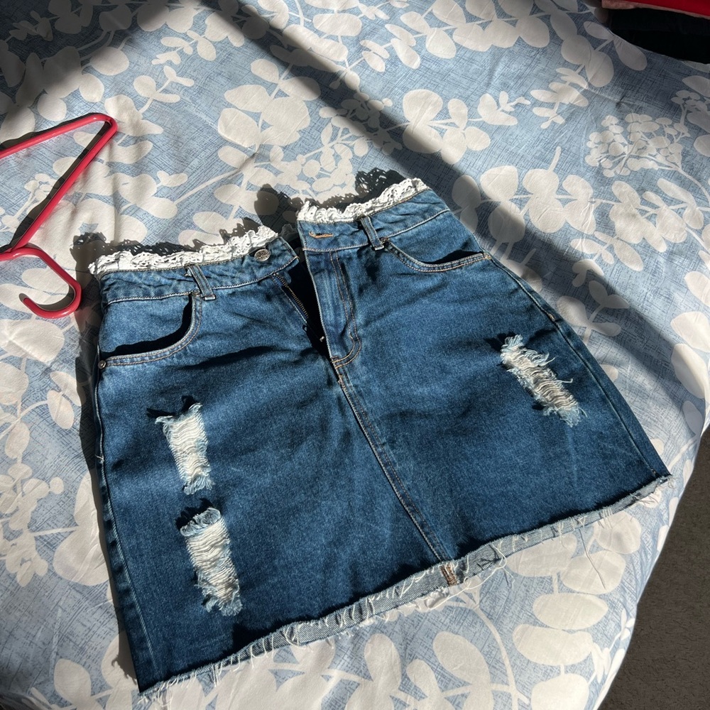 Denim Distressed Skirt with Lace Trim